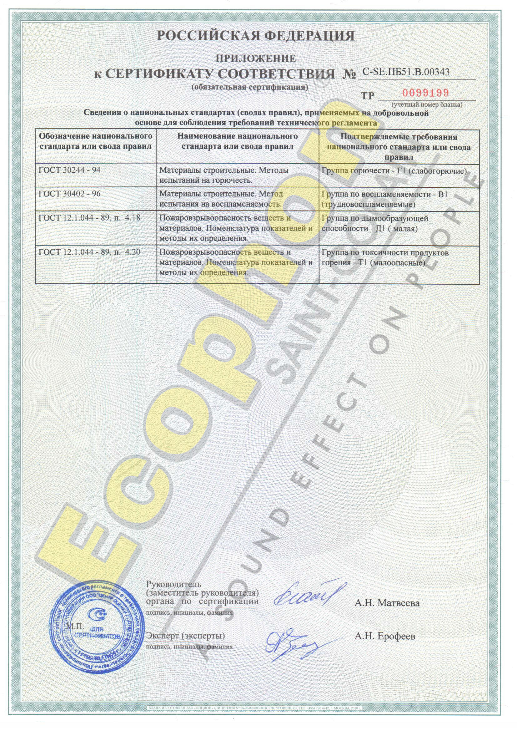 Приложение к сертификату соответствия ( панели Ecophon Akusto)
